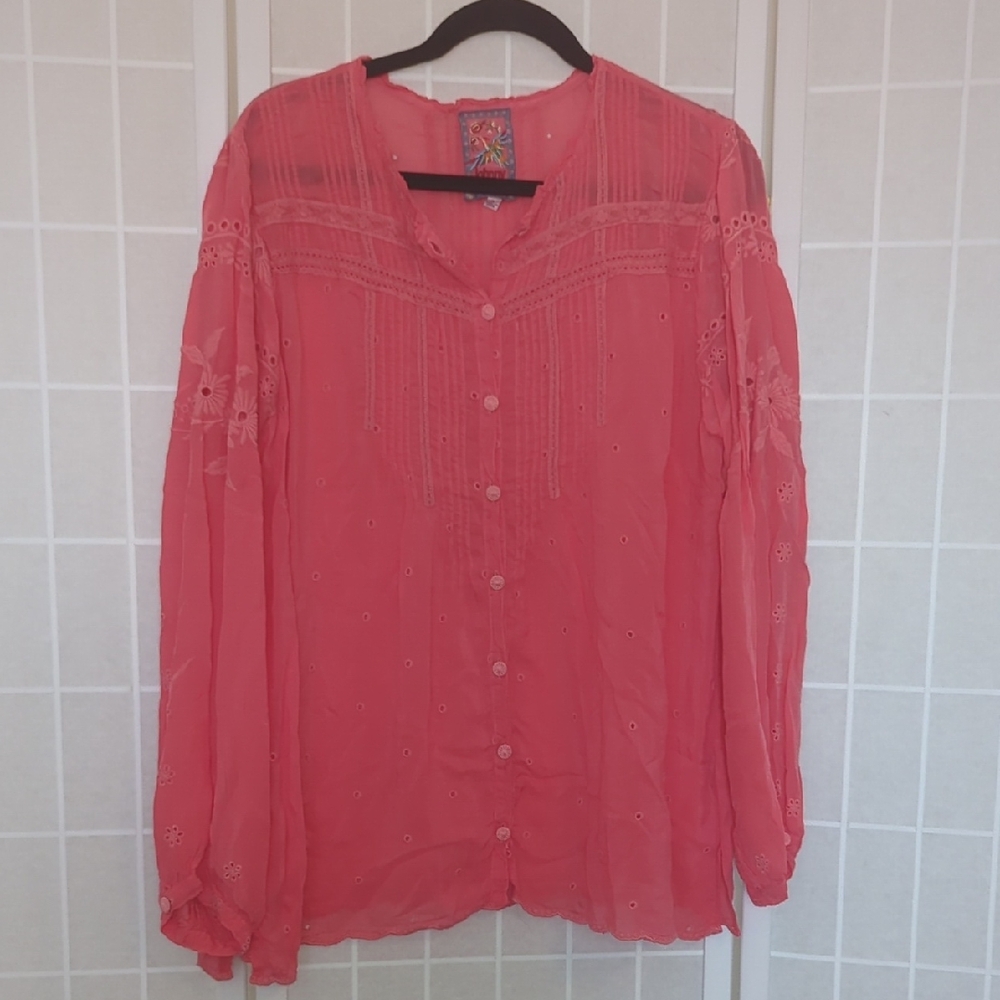 Johnny Was Helia Pink Embroidered Buttondown Shirt Blouse Top
